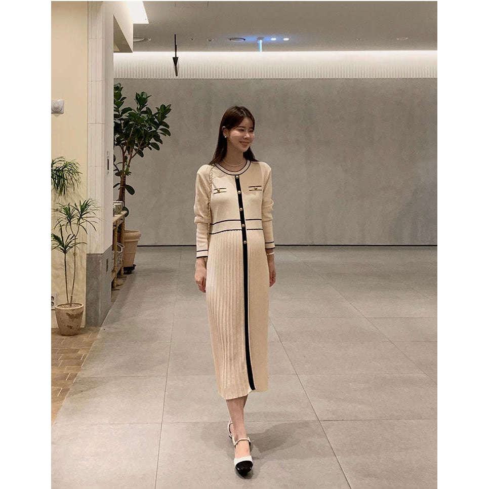 MUMMY.cc:圓領拼色金鈕扣褶褶針織裙
