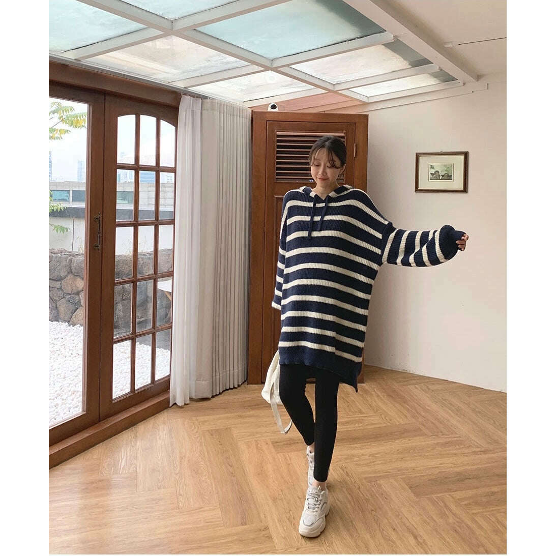 MUMMY.cc:Hood knit stripe casual one-piece
