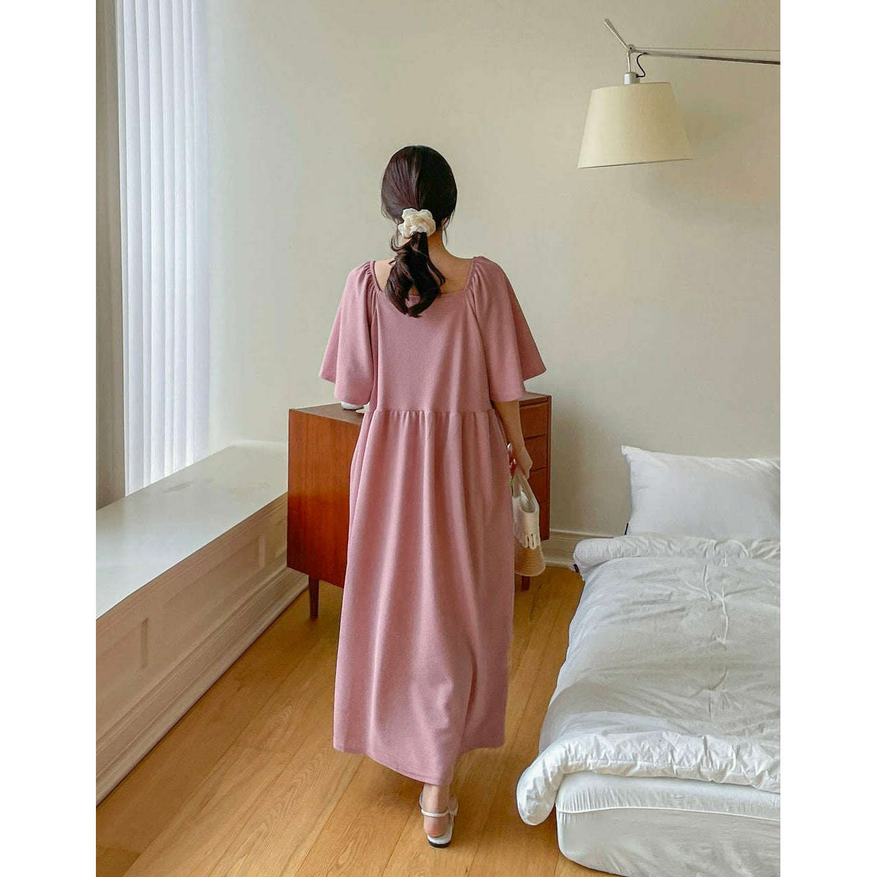 MUMMY.cc:方領無皺寬袖孕婦大碼連身裙