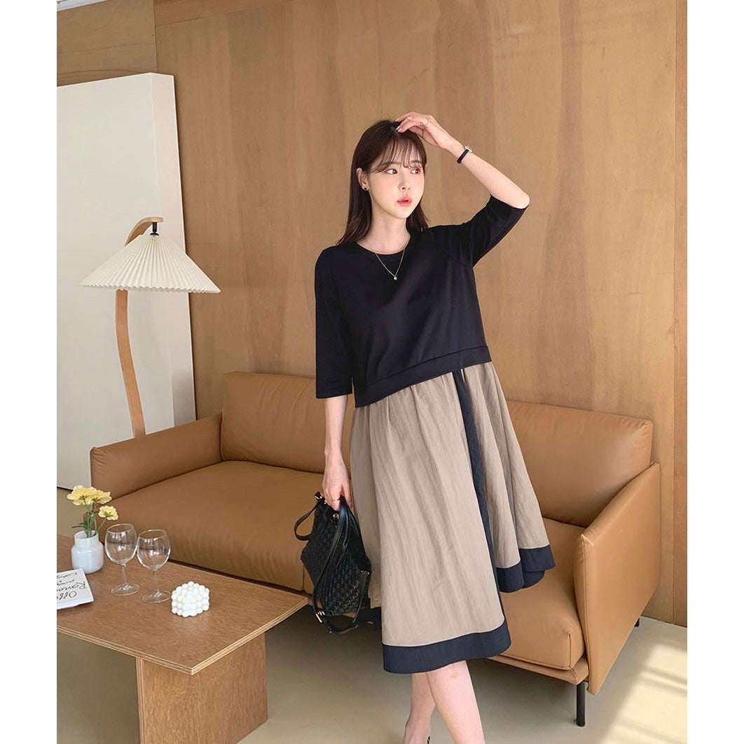 MUMMY.cc:圓領T恤拼接7分袖假兩件連身裙(新款預訂)