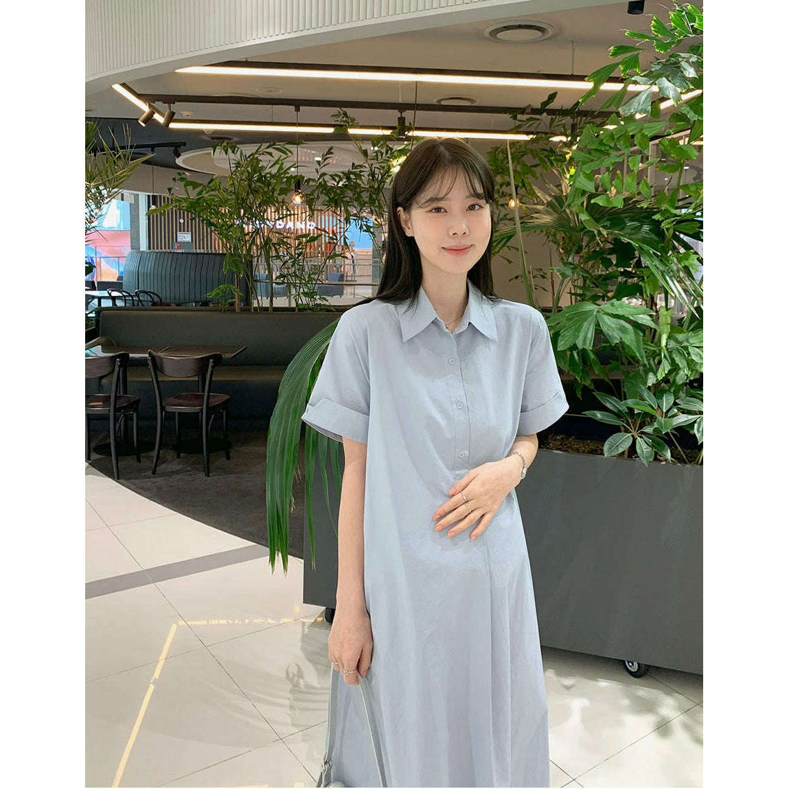 MUMMY.cc:孕婦翻領褶袖帶口袋連身裙