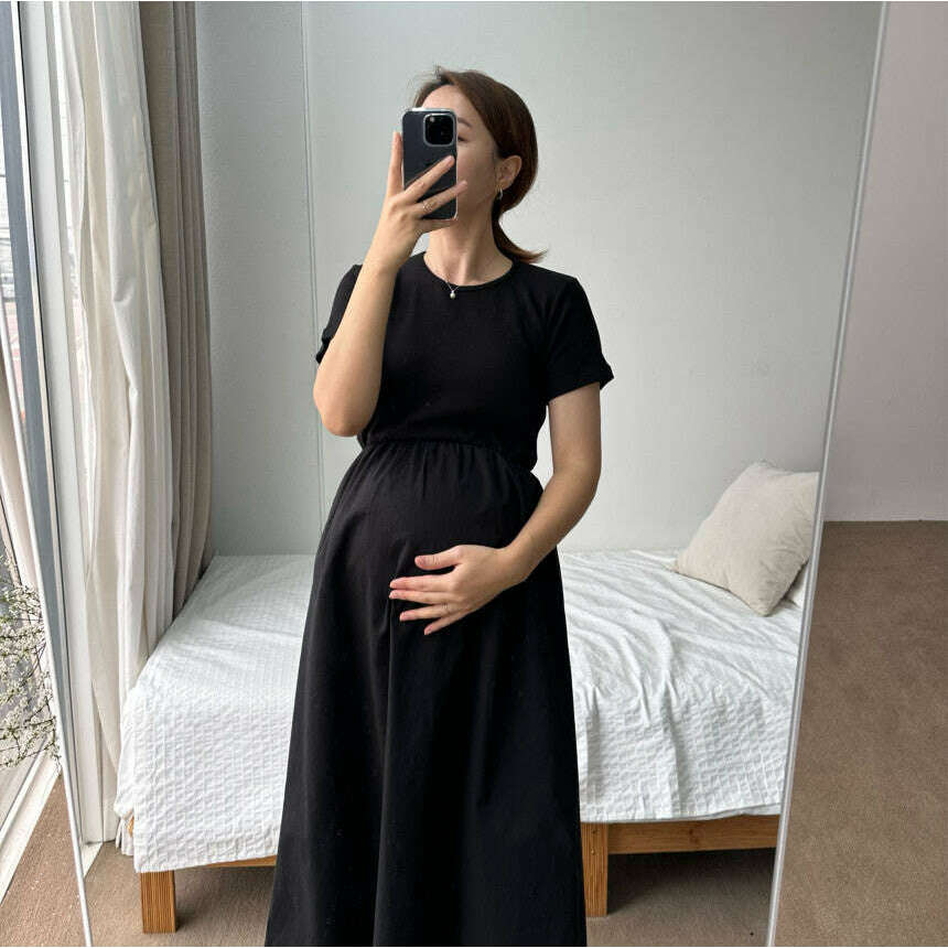 MUMMY.cc:簡約短袖拼接收腰連身裙
