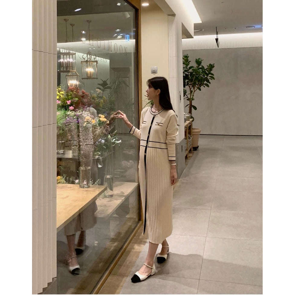 MUMMY.cc:圓領拼色金鈕扣褶褶針織裙