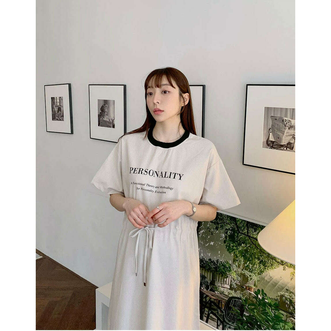 MUMMY.cc:拼色圓領抽繩綁帶短袖連身裙