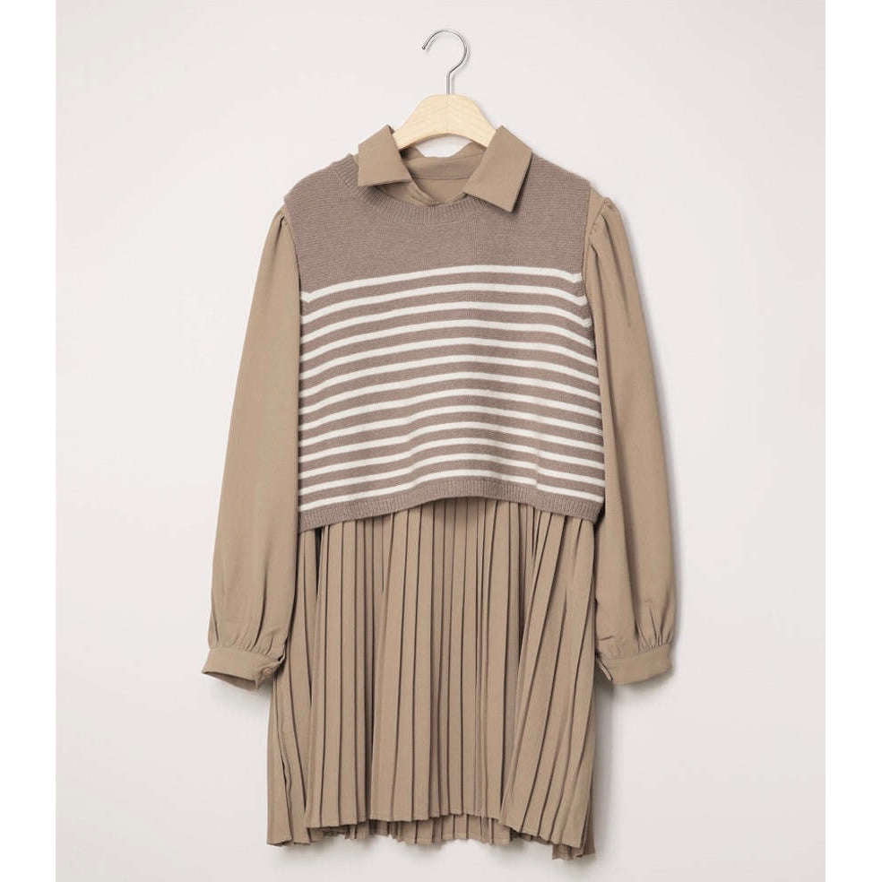 MUMMY.cc:襯衫百褶連衣裙條紋針織背心兩件套套装:Beige