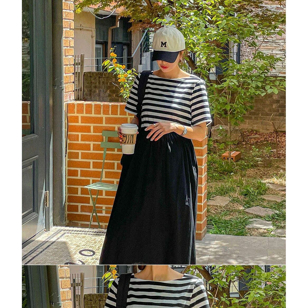 MUMMY.cc:方領間條尼龍拼接連身裙
