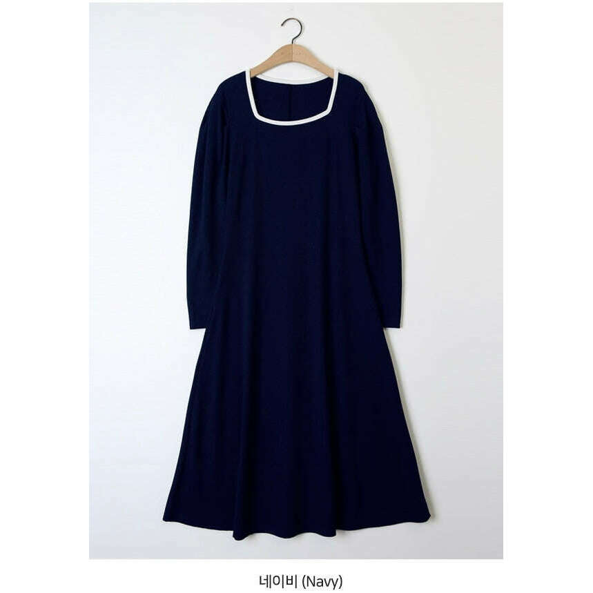 MUMMY.cc:純色拼色方領A Line連身裙:Navy