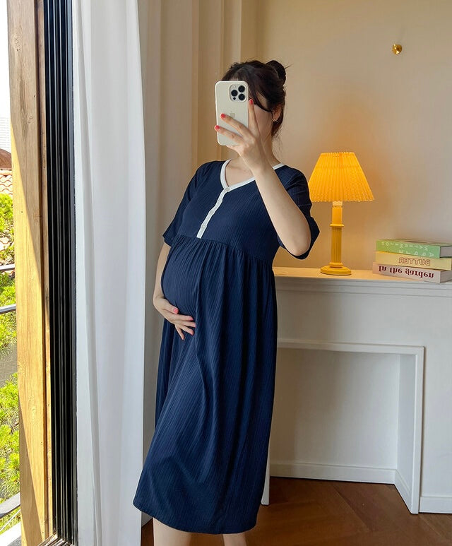 拼色坑紋家居哺乳連身裙