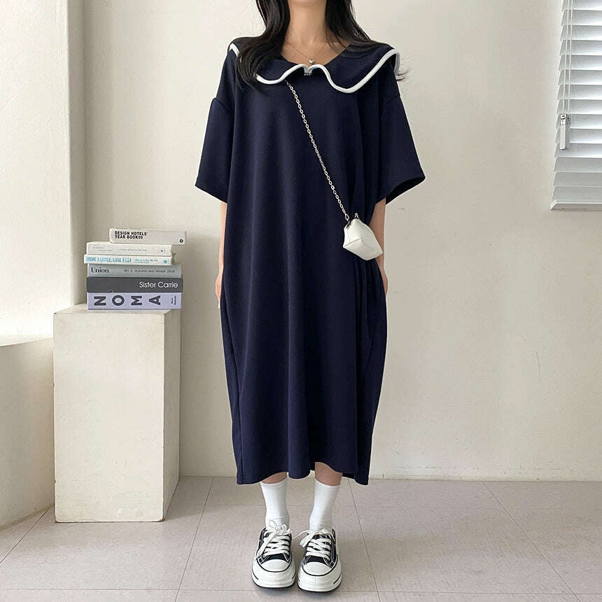 MUMMY.cc:夏季拼色邊娃娃領寬鬆連身裙