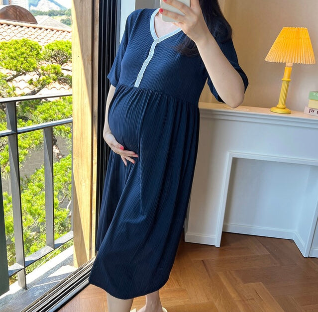 拼色坑紋家居哺乳連身裙