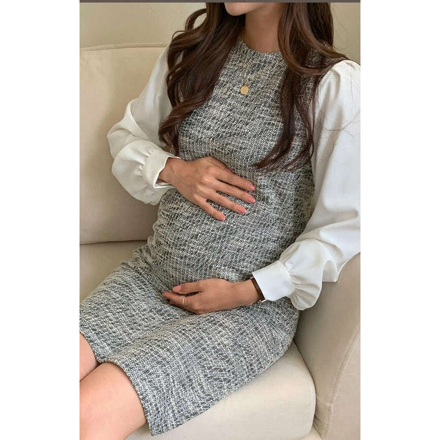 MUMMY.cc:花呢拼接短連身裙(孕早中期)