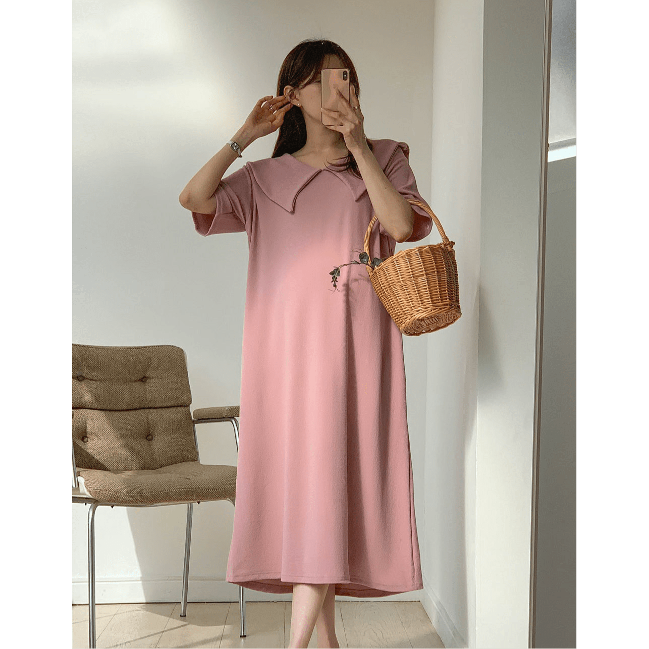MUMMY.cc:夏季純色娃娃領寬鬆連身裙