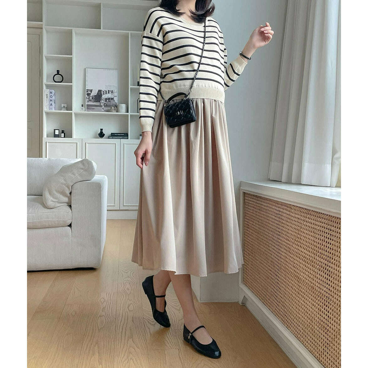 MUMMY.cc:條紋拼接假兩件連身裙
