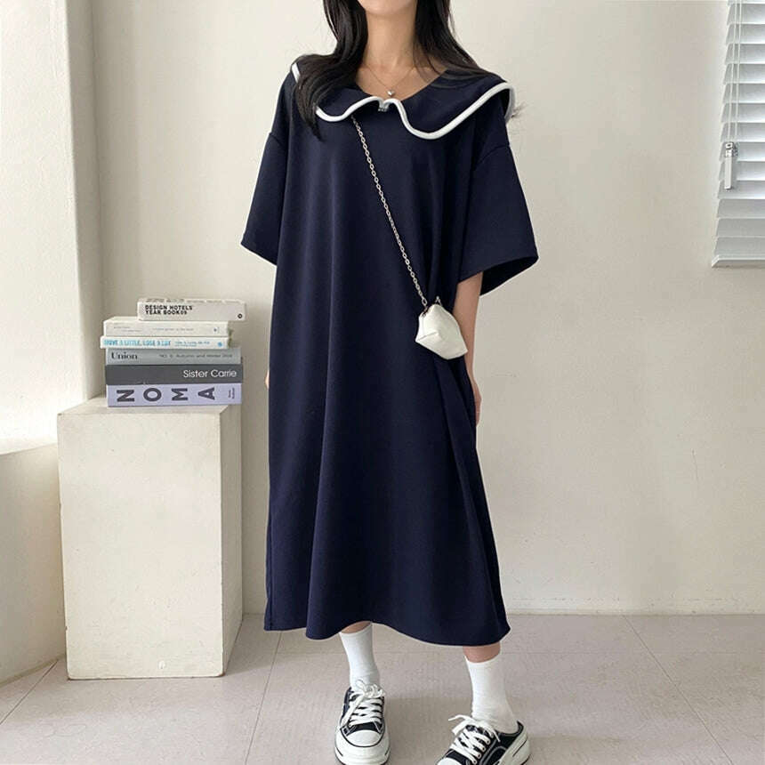 MUMMY.cc:夏季拼色邊娃娃領寬鬆連身裙
