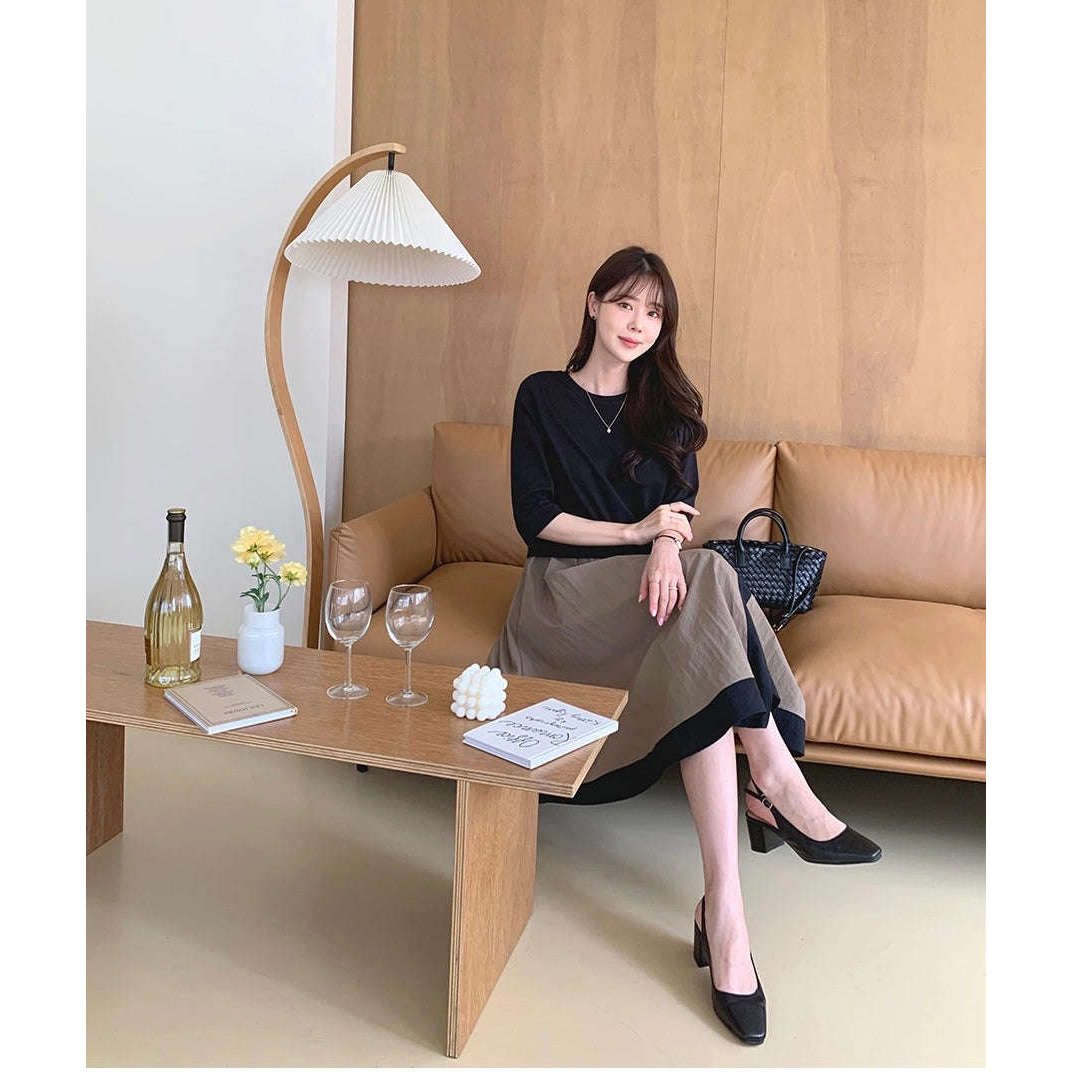 MUMMY.cc:圓領T恤拼接7分袖假兩件連身裙(新款預訂)