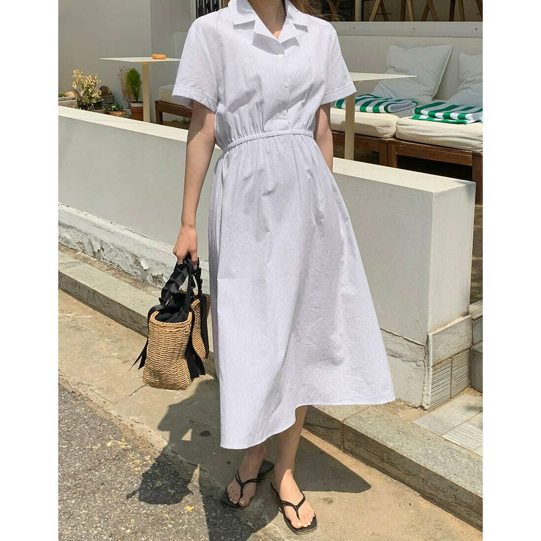 MUMMY.cc:清爽條紋襯衫半開鈕連身裙