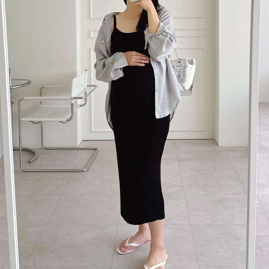 MUMMY.cc:春夏修身羅紋吊帶後開衩連身裙
