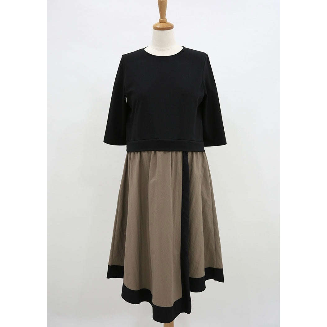 MUMMY.cc:圓領T恤拼接7分袖假兩件連身裙(新款預訂):black / beige