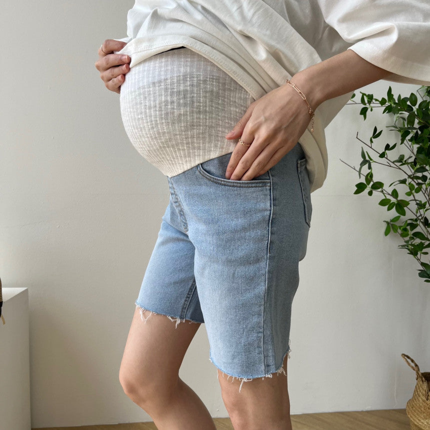 簡約流蘇4分長孕婦牛仔褲