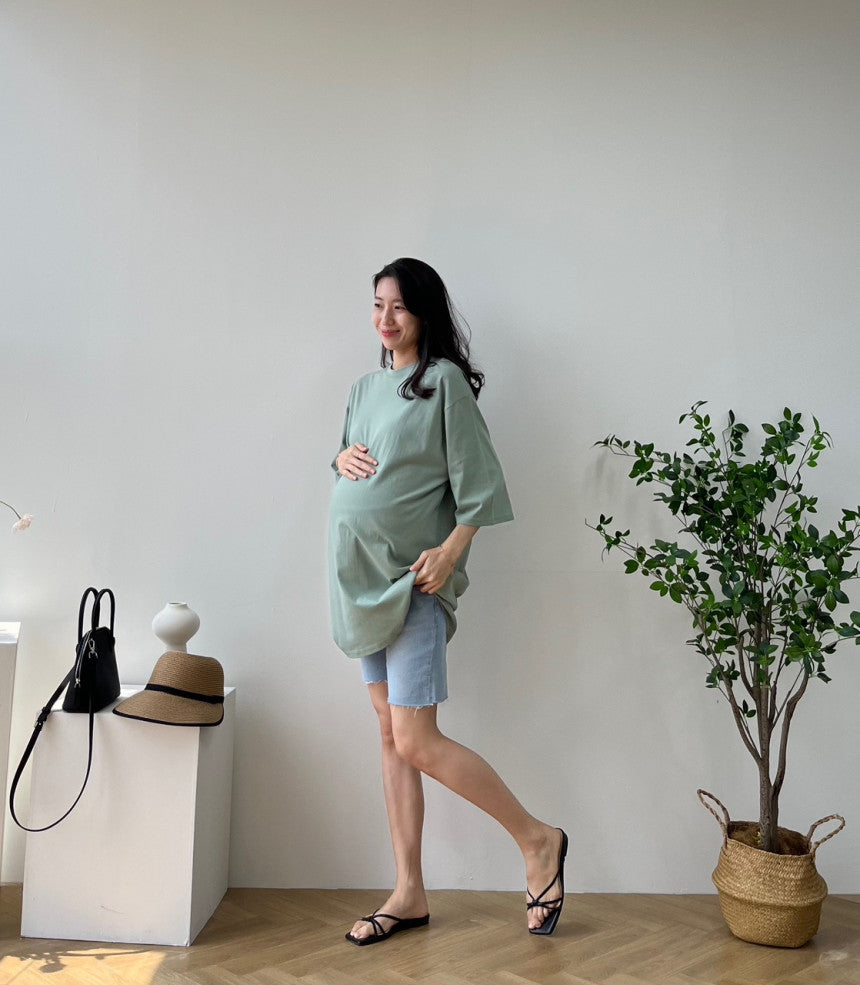 簡約流蘇4分長孕婦牛仔褲