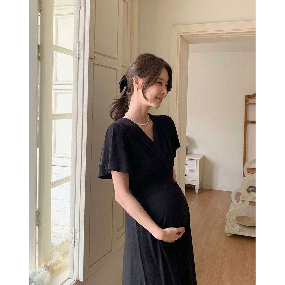 MUMMY.cc:舒適彈性裹式飛袖連身裙