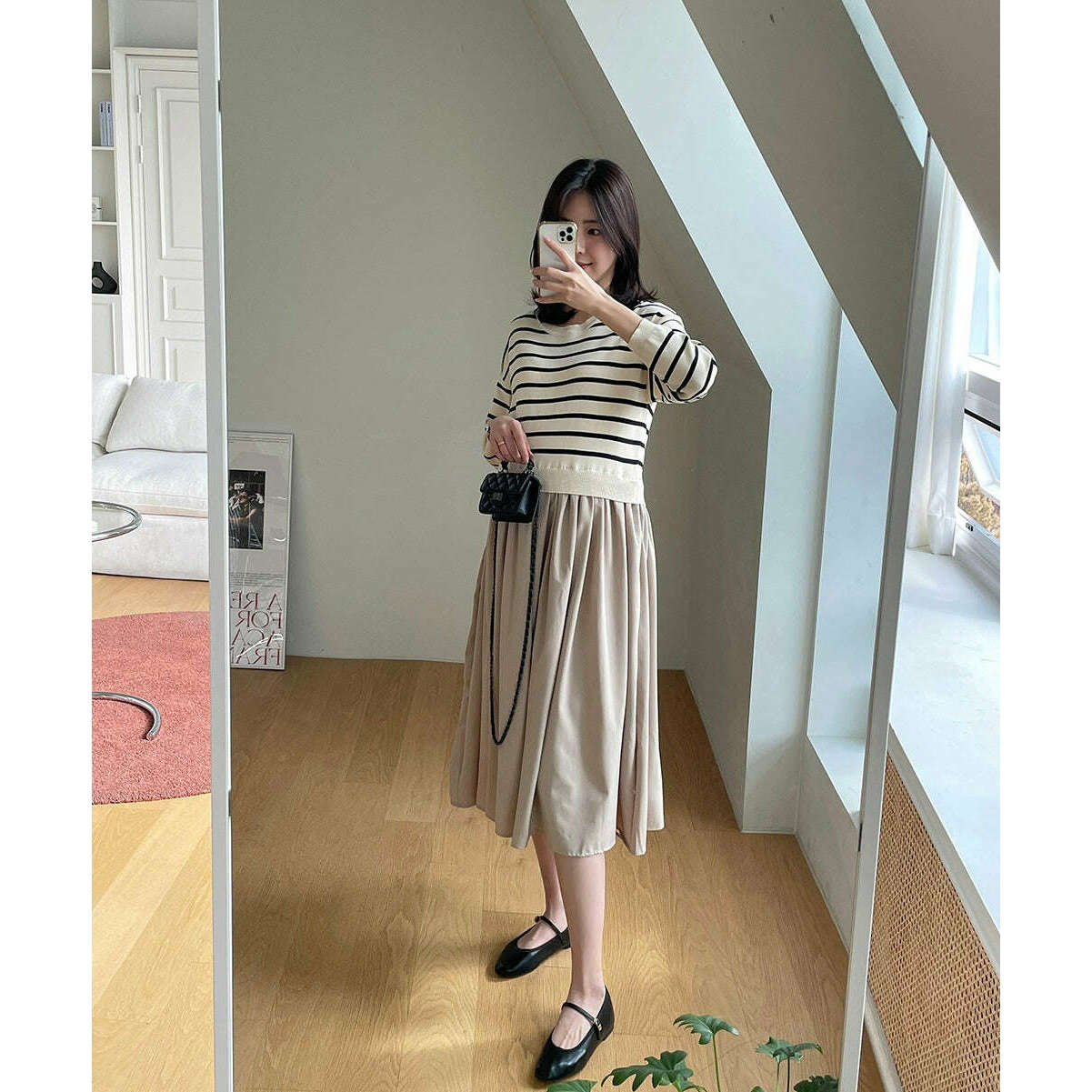 MUMMY.cc:條紋拼接假兩件連身裙