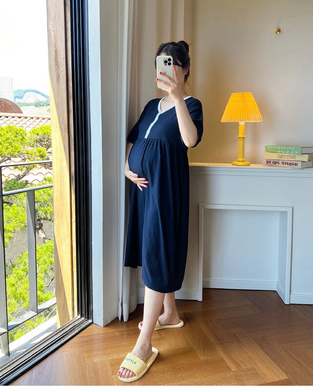 拼色坑紋家居哺乳連身裙