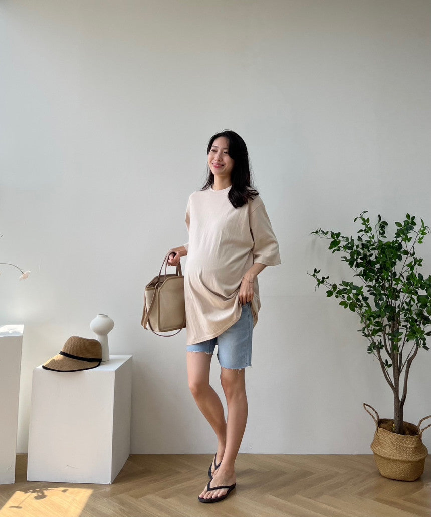 簡約流蘇4分長孕婦牛仔褲
