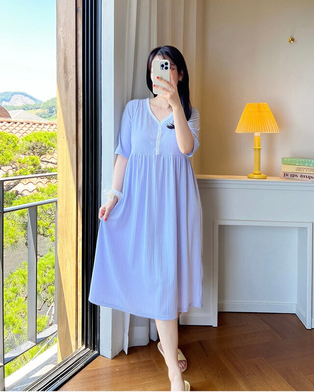 拼色坑紋家居哺乳連身裙