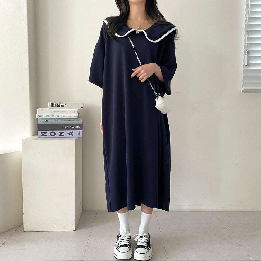 MUMMY.cc:夏季拼色邊娃娃領寬鬆連身裙