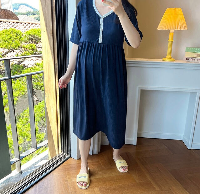 拼色坑紋家居哺乳連身裙