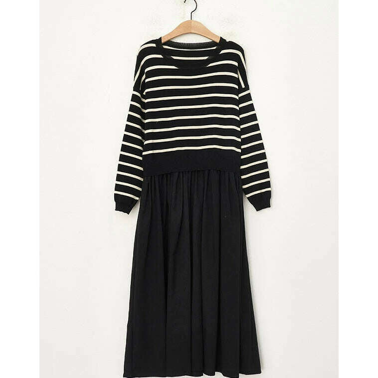 MUMMY.cc:條紋拼接假兩件連身裙:Black