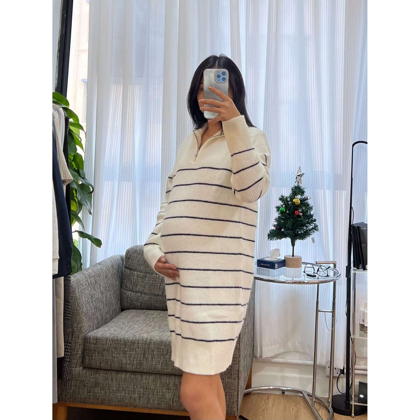 MUMMY.cc:翻領細橫間短針織裙