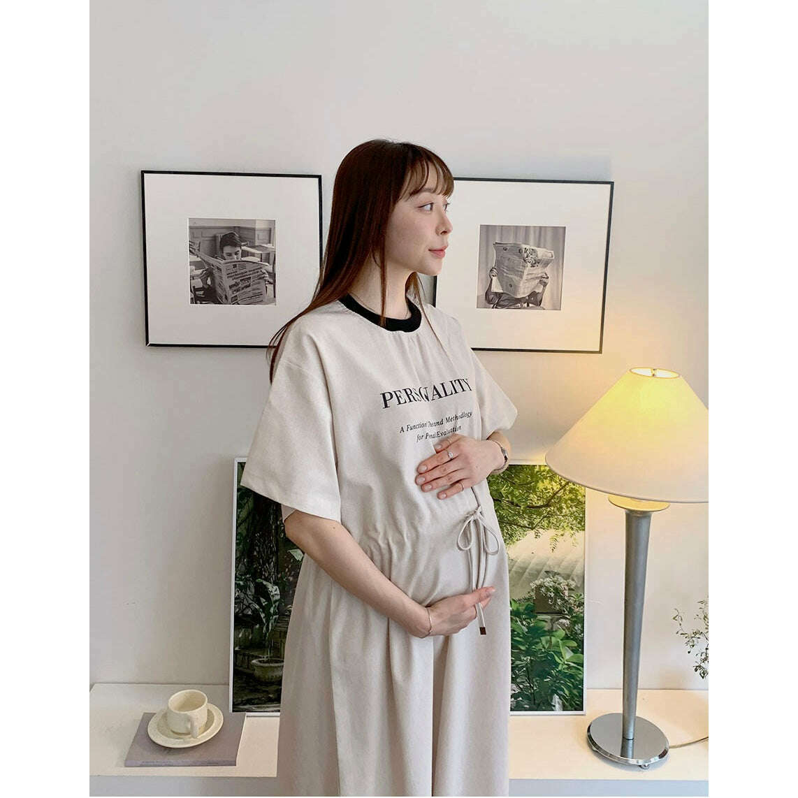 MUMMY.cc:拼色圓領抽繩綁帶短袖連身裙