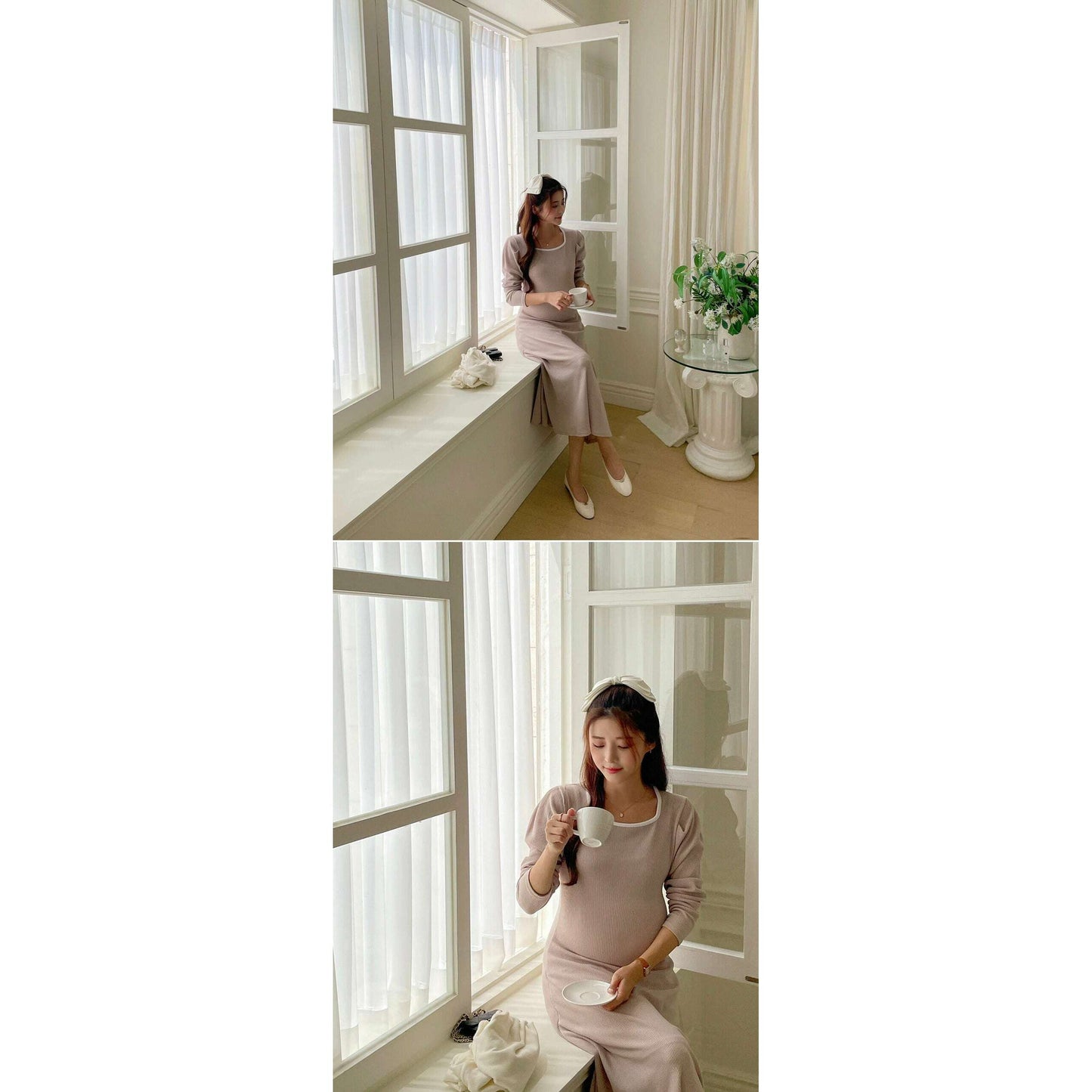 MUMMY.cc:純色拼色方領A Line連身裙