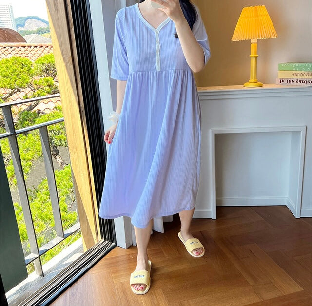 拼色坑紋家居哺乳連身裙