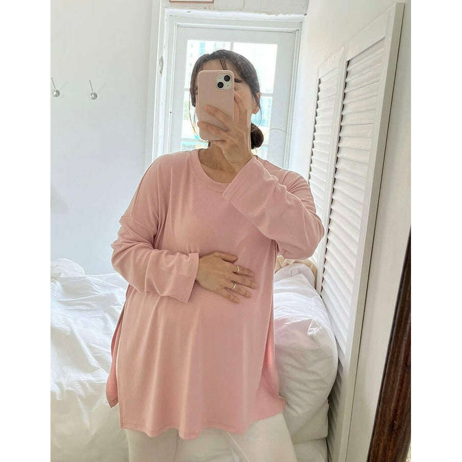 MUMMY.cc:孕婦純色側開叉長袖Tee:Pink