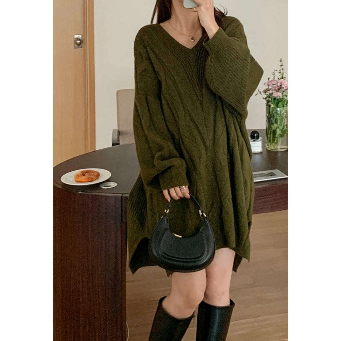MUMMY.cc:v領麻花編織寬鬆連身裙