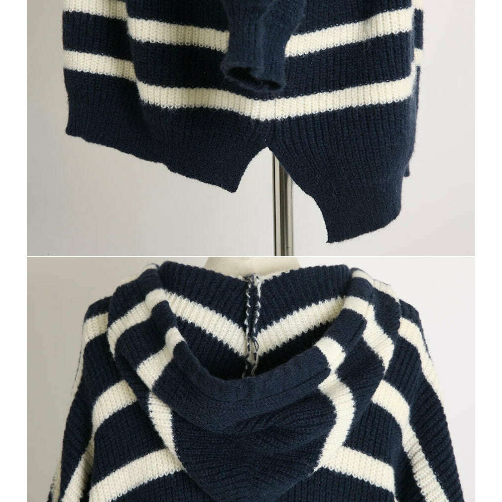 MUMMY.cc:Hood knit stripe casual one-piece