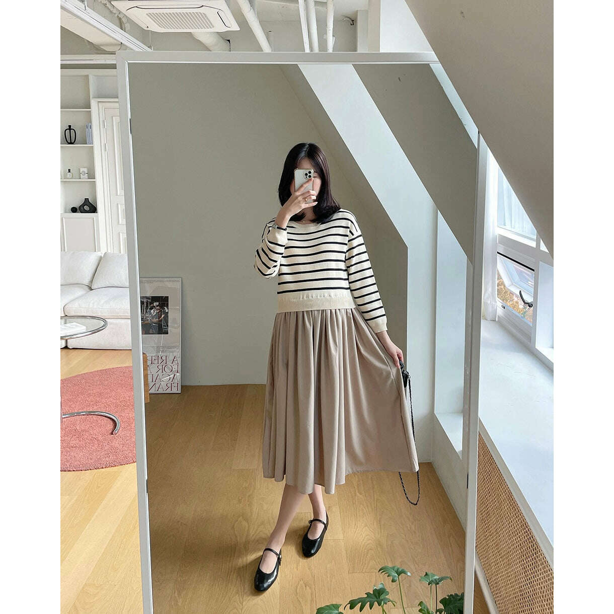 MUMMY.cc:條紋拼接假兩件連身裙