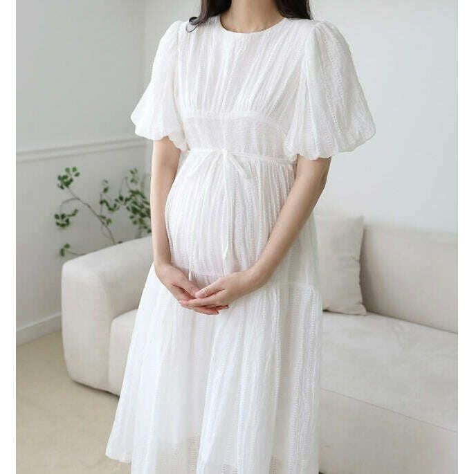 MUMMY.cc:雪紡鏤空泡袖綁帶連身裙