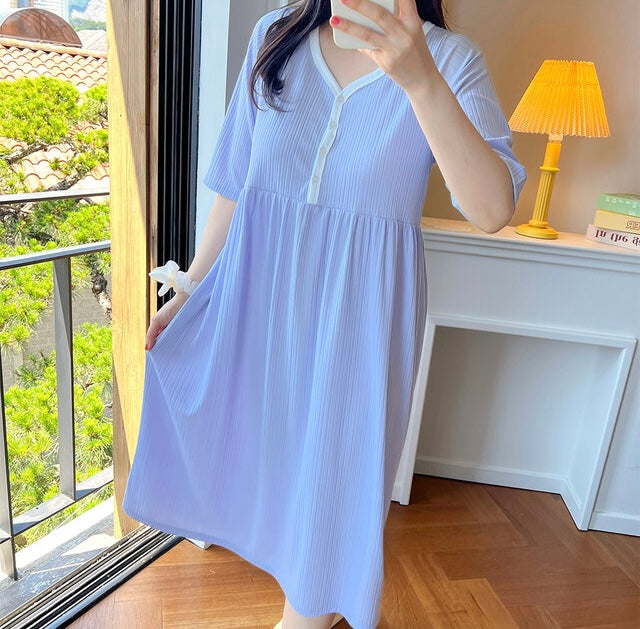 拼色坑紋家居哺乳連身裙