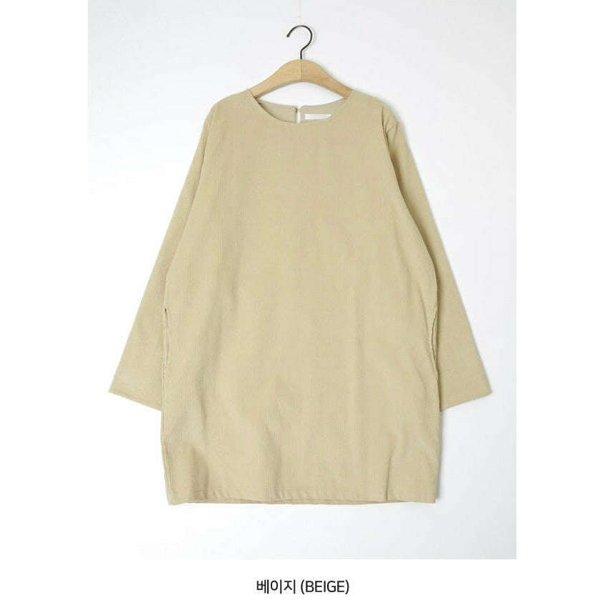 MUMMY.cc:圓領口袋細條紋燈芯絨連身裙:Beige