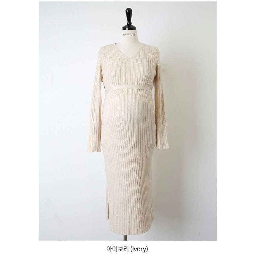 MUMMY.cc:長袖V領羅紋顯瘦腰帶連身裙