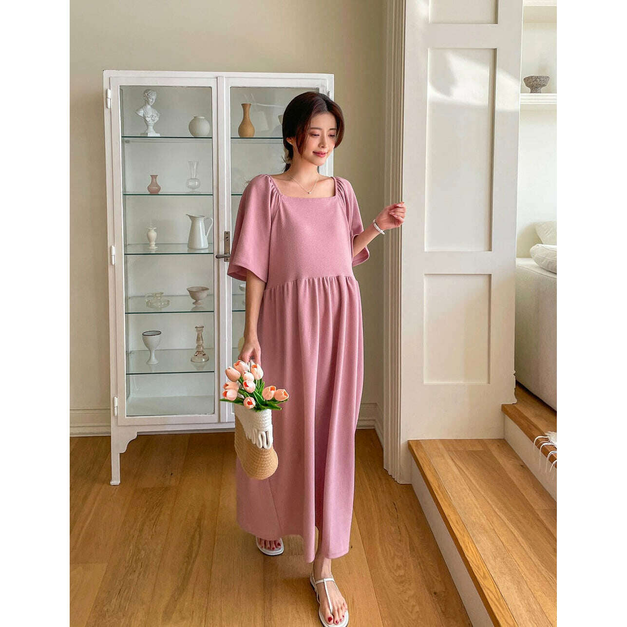 MUMMY.cc:方領無皺寬袖孕婦大碼連身裙