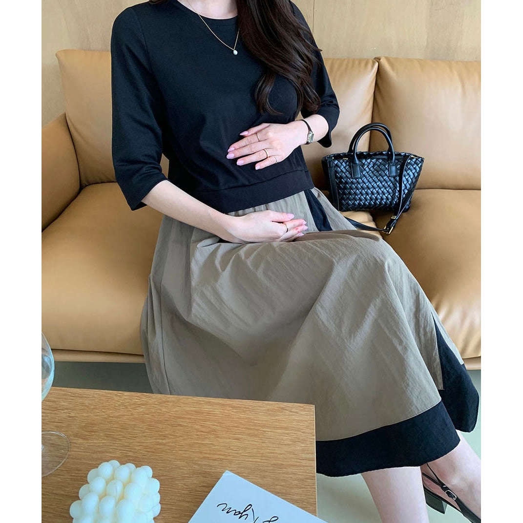 MUMMY.cc:圓領T恤拼接7分袖假兩件連身裙(新款預訂)