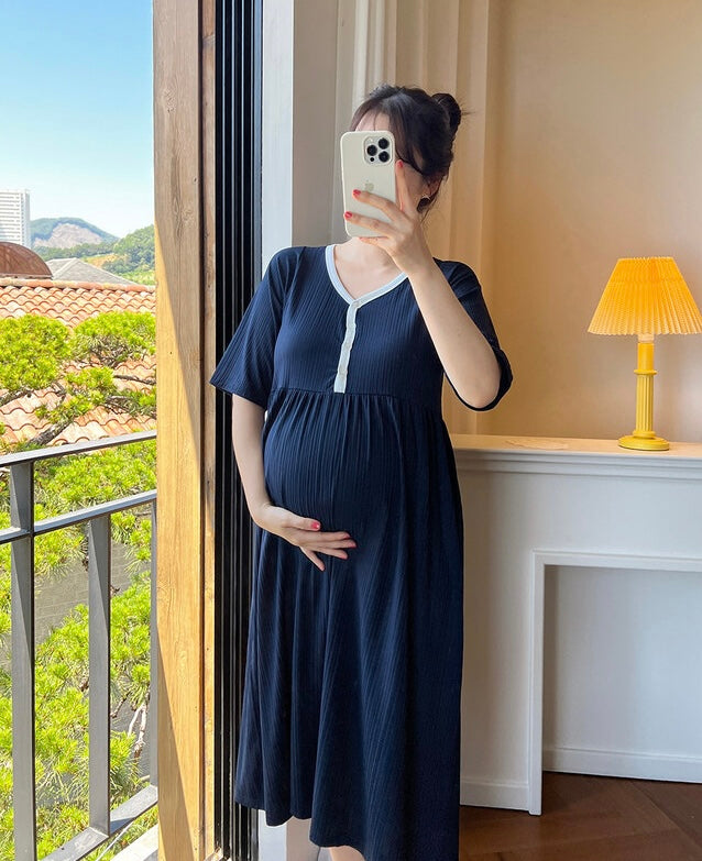 拼色坑紋家居哺乳連身裙