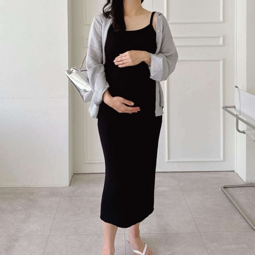 MUMMY.cc:春夏修身羅紋吊帶後開衩連身裙