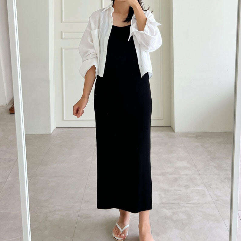 MUMMY.cc:春夏修身羅紋吊帶後開衩連身裙