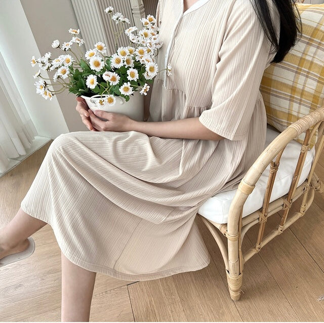 拼色坑紋家居哺乳連身裙